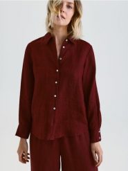 Lniana koszula - bordowy. Czerwone koszule Reserved, l, bez wzorów, z tkaniny, bez kołnierzyka, bez ramiączek. Za 149.99 zł.
