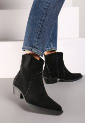 Czarne Botki Kowbojki z Ekozamszu na Niskim Słupku Nevelita. Czarne botki Born2be, z aplikacjami, z jeansu, eleganckie, bez obcasa, na obcasie, bez zapięcia. Za 129.99 zł.