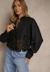 Czarna Koszula Oversize z Wiskozą o Krótkim Kroju z Ażurowymi Zdobieniami Dorbia. Czarne koszule Renee, l, z aplikacjami, z moheru, eleganckie, bez kołnierzyka, bez ramiączek. W wyprzedaży za 75.99 zł.