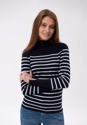 Golf w paski S-JANE. Niebieskie swetry Volcano, l, bez wzorów, z dzianiny, eleganckie, bez ramiączek. Za 139.99 zł.