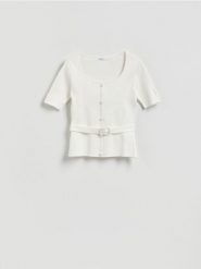 Sweter z paskiem - złamana biel. Swetry Reserved, l, bez wzorów, z dzianiny, bez ramiączek. Za 119.99 zł.