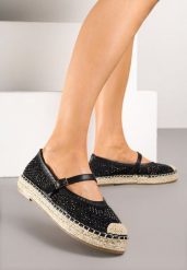 Czarne Espadryle Ozdobione Plecionką i Ażurową Cholewką Rinelona. Czarne espadryle Renee, w ażurowe wzory, bez obcasa. W wyprzedaży za 75.99 zł.