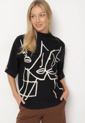 Czarny Pudełkowy Golf z Krótkim Rękawem i Grafiką Unvessa. Czarne swetry Born2be, bez wzorów, z jeansu, eleganckie, bez ramiączek. Za 79.99 zł.