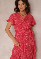 Czerwona Sukienka Oreithonia. Czerwone sukienki Renee, l, z aplikacjami, z tkaniny, bez kołnierzyka, bez ramiączek, mini, kopertowe. W wyprzedaży za 47.99 zł.