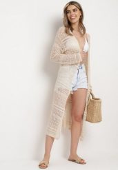 Beżowy Kardigan Narzutka o Ażurowym Wykończeniu w Stylu Boho Sanalia. Brązowe swetry Born2be, uniwersalny, z aplikacjami, z jeansu, boho, bez ramiączek. Za 169.99 zł.