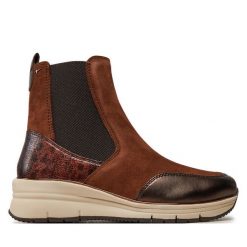 Botki Tamaris. Brązowe botki Tamaris, bez wzorów, bez obcasa, na koturnie, bez zapięcia. Za 259.99 zł.