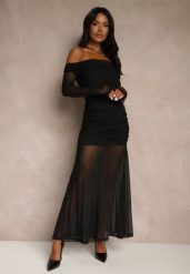 Czarna Koktajlowa Sukienka z Prześwitującymi Rękawami i Marszczeniem Haludea. Czarne sukienki Renee, na imprezę, m, bez wzorów, klasyczne, bez kołnierzyka, bez ramiączek, maxi. Za 169.99 zł.