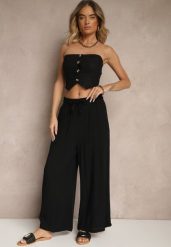 Czarne Szerokie Spodnie z Wiskozy ze Sznurkiem Natisetia. Czarne jeansy Renee, bez wzorów, z jeansu, eleganckie. W wyprzedaży za 55.99 zł.