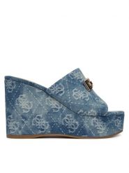 Guess Klapki FLJEV2 DEN04 Niebieski. Niebieskie klapki Guess, z aplikacjami, z materiału, bez obcasa, bez zapięcia. Za 549.99 zł.
