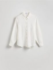 Lniana koszula - biały. Białe koszule Reserved, l, bez wzorów, z tkaniny, bez kołnierzyka, bez ramiączek. Za 149.99 zł.