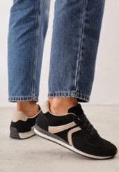 Czarne Sneakersy Casual z Imitacji Zamszu z Geometrycznymi Wstawkami na Boku Sadiqa. Czarne buty sportowe lifestyle Renee, bez wzorów, z jeansu, casualowe, przed kostkę, bez zapięcia. Za 119.99 zł.