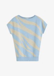Sweter z dzianiny o splocie drobnych oczek, z połyskującą nitką. Niebieskie swetry bonprix, bez wzorów, z dzianiny, eleganckie, bez ramiączek. Za 47.99 zł.
