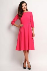 Różowa Elegancka Rozkloszowana Sukienka Midi z Rękawem 3/4. Czerwone sukienki Awama, bez wzorów, z elastanu, eleganckie, bez kołnierzyka, bez ramiączek, midi, rozkloszowane. Za 197.90 zł.