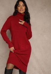 Bordowa Sweterkowa Sukienka z Bawełną i Golfem Reinaria. Czerwone sukienki Renee, na co dzień, bez wzorów, z bawełny, bez kołnierzyka, bez ramiączek. Za 99.99 zł.