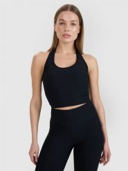 4F Crop top slim gładki damski 4F x Anna Lewandowska - czarny XS. Czarne topy 4f, l, bez wzorów, z dzianiny, eleganckie, bez kołnierzyka, bez ramiączek. Za 59.99 zł.
