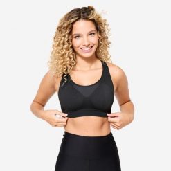 Stanik sportowy Decathlon. Czarne biustonosze sportowe KALENJI, bez wzorów, z elastanu, do biegania. Za 29.99 zł.