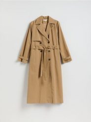 Trencz z paskiem - beżowy. Brązowe płaszcze Reserved, l, bez wzorów, z bawełny, klasyczne, bez kaptura. Za 399.99 zł.