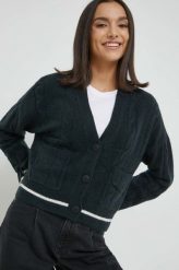 Abercrombie & Fitch kardigan z domieszką wełny damski kolor czarny. Czarne swetry Abercrombie & Fitch, l, bez wzorów, z wełny, bez ramiączek. W wyprzedaży za 259.99 zł.