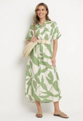 Jasnozielona Sukienka Rozkloszowana z Bawełną w Abstrakcyjny Print Telanisa. Zielone sukienki Born2be, na co dzień, xl, bez wzorów, z bawełny, eleganckie, bez kołnierzyka, bez ramiączek, maxi, rozkloszowane. Za 89.99 zł.