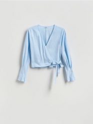 Bluzka z lnem - jasnoniebieski. Niebieskie bluzki Reserved, l, bez wzorów, z wiskozy, bez kołnierzyka, bez ramiączek. Za 119.99 zł.