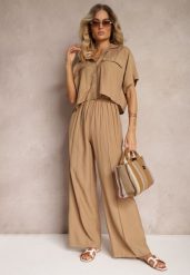Brązowy 2-Częściowy Komplet z Wiskozy Koszula o Luźnym Kroju Szerokie Spodnie Velvitela. Brązowe koszule Renee, bez wzorów, z materiału, eleganckie, bez kołnierzyka, bez ramiączek. W wyprzedaży za 119.99 zł.