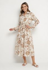 Jasnobeżowa Sukienka Koszulowa z Wiskozy w Kwiaty z Wiązanym Paskiem Lorkia. Brązowe sukienki Born2be, na co dzień, l, bez wzorów, z wiskozy, eleganckie, bez kołnierzyka, bez ramiączek, maxi, koszulowe. W wyprzedaży za 152.99 zł.