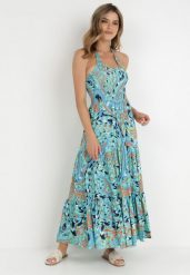 Niebieska Sukienka Phylia. Niebieskie sukienki Born2be, s, bez wzorów, z wiskozy, bez kołnierzyka, bez ramiączek, maxi, rozkloszowane. Za 149.99 zł.