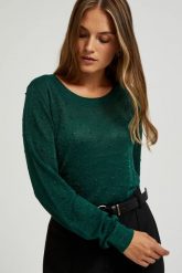 Sweter z długimi rękawami ozdobiony metaliczną nitką zielony. Zielone swetry MOODO, l, bez wzorów, z wiskozy, bez ramiączek. W wyprzedaży za 47.99 zł.