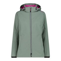 Kurtka damska turystyczna CMP 3A22226. Zielone kurtki przejściowe sportowe CMP, l, bez wzorów, z softshellu, z kapturem, trekkingowe. Za 382.50 zł.