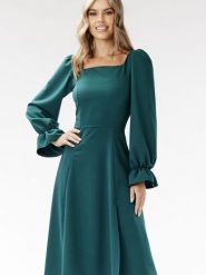 Sukienka Model A695 Bottle Green - awama. Zielone sukienki Awama, do pracy, l, bez wzorów, z elastanu, biznesowe, bez kołnierzyka, plus size, bez ramiączek, midi, dopasowane. Za 287.45 zł.