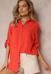 Pomarańczowa Koszula z Kołnierzem i Długimi Rękawami na Guzik Henvia. Brązowe koszule Renee, plus size, bez wzorów, bez kołnierzyka, plus size, bez ramiączek. Za 39.99 zł.