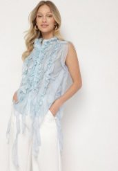 Niebieska Koszula z Ozdobnymi Falbanami Adoria. Niebieskie koszule Born2be, m, bez wzorów, eleganckie, bez kołnierzyka, bez ramiączek. W wyprzedaży za 127.49 zł.