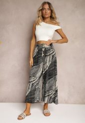 Czarno-Białe Szerokie Spodnie 7/8 High Waist z Wiskozy Wykończone Gumką w Pasie Risallni. Czarne jeansy Renee, na lato, l, bez wzorów, z jeansu, z podwyższonym stanem. W wyprzedaży za 32.99 zł.
