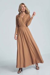 Długa Rozkloszowana Sukienka Kopertowa - Beżowa. Brązowe sukienki Figl, l, bez wzorów, z elastanu, bez kołnierzyka, bez ramiączek, maxi, kopertowe. Za 319.00 zł.
