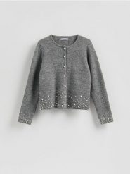 Kardigan z aplikacją - szary. Szare swetry Reserved, l, z aplikacjami, z dzianiny, bez ramiączek. Za 149.99 zł.