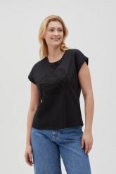 Bawełniana bluzka z aplikacją czarna. Czarne bluzki MOODO, l, z aplikacjami, z bawełny, bez kołnierzyka, bez ramiączek. Za 59.99 zł.