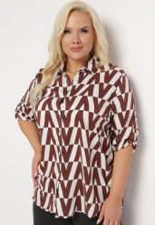 Brązowo-Beżowa Koszula w Geometryczny Wzór o Luźnym Kroju Tarnie. Brązowe koszule Born2be, xl, bez wzorów, eleganckie, bez kołnierzyka, bez ramiączek. W wyprzedaży za 76.49 zł.