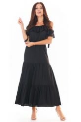 Czarna Długa Sukienka w Hiszpańskim Stylu. Czarne sukienki Awama, l, bez wzorów, z elastanu, wizytowe, bez kołnierzyka, bez ramiączek, maxi. Za 319.90 zł.
