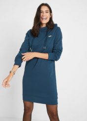 Sukienka dresowa z kapturem. Fioletowe sukienki bonprix, bez wzorów, z dresówki, eleganckie, bez kołnierzyka, bez ramiączek. Za 124.99 zł.