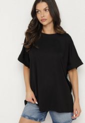 Czarny T-shirt z Wiskozą o Kroju Nietoperza Tanariona. Czarne t-shirty Born2be, bez wzorów, z jeansu, bez kołnierzyka, bez ramiączek. Za 79.99 zł.