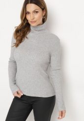Szary Elastyczny Golf Ozdobiony Metaliczną Nitką Kirinna. Szare swetry Born2be, na zimę, m, bez wzorów, eleganckie, bez ramiączek. W wyprzedaży za 50.99 zł.