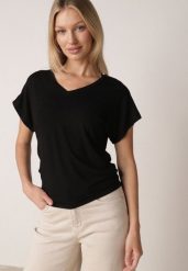 Czarny T-shirt z Wiskozy z Trójkątnym Dekoltem Achiore. Czarne t-shirty Born2be, l, bez wzorów, z jeansu, klasyczne, bez kołnierzyka, bez ramiączek. Za 79.99 zł.