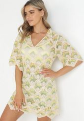 Beżowo-Zielona Pudełkowa Sukienka Mini z Głębokim Dekoltem z Szydełkowej Bawełny Cristel. Brązowe sukienki Born2be, bez wzorów, z bawełny, boho, bez kołnierzyka, bez ramiączek, mini. Za 249.99 zł.