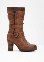 Botki Mustang. Brązowe botki bonprix, bez wzorów, bez obcasa, na obcasie, bez zapięcia. Za 379.99 zł.
