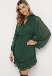Ciemnozielona Rozkloszowana Sukienka z Falbanką Harlin. Zielone sukienki Born2be, m, bez wzorów, bez kołnierzyka, bez ramiączek, mini, rozkloszowane. W wyprzedaży za 152.99 zł.
