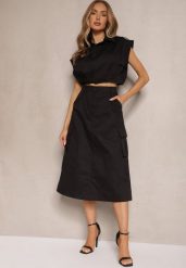 Czarny Komplet w Stylu Utility Koszula Cropped Bez Rękawów i Spódnica z Kieszeniami Notcha. Czarne koszule Renee, m, bez wzorów, klasyczne, bez kołnierzyka, bez ramiączek. W wyprzedaży za 83.99 zł.