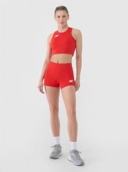 4F Legginsy krótkie treningowe damskie - czerwone M. Czerwone legginsy 4f, bez wzorów, z dzianiny, sportowe, krótkie. Za 89.99 zł.