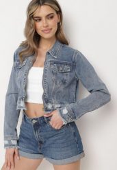 Niebieska Kurtka Zapinana na Suwak z Kieszeniami z Klapami i Przetarciami Beatricella. Niebieskie kurtki Born2be, l, bez wzorów, eleganckie, bez kaptura. W wyprzedaży za 104.99 zł.