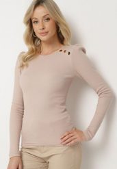 Beżowa Prążkowana Bluzka z Bawełny Ozdobiona Guzikami Rellemi. Brązowe bluzki Born2be, s, z aplikacjami, z bawełny, eleganckie, bez kołnierzyka, bez ramiączek. W wyprzedaży za 55.24 zł.