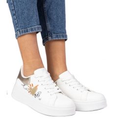 Biało-złote sneakersy trampki sportowe damskie z nadrukiem białe. Białe trampki bez wzorów, z syntetyku, eleganckie, przed kostkę, bez zapięcia. Za 84.03 zł.